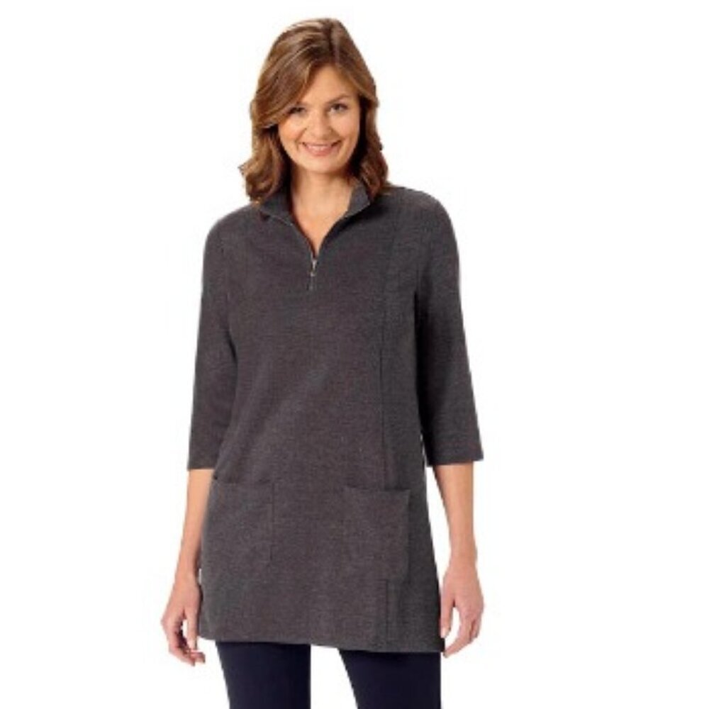NorthStyle tunic top gray knit Quarter Zip Size M mock neck pockets 3/4 sleeve